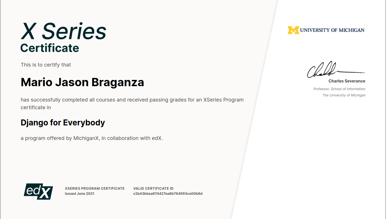 Picture of my certificate, passing the Django Course