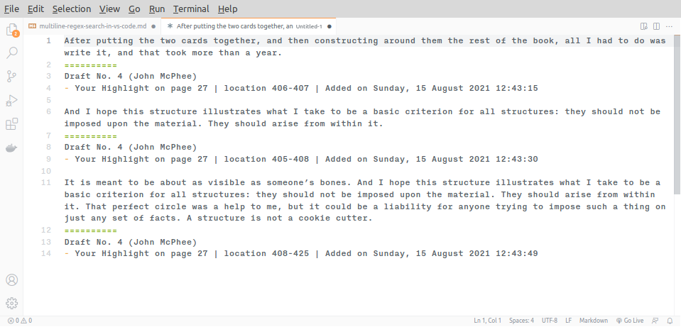 picture of notes imported from an amazon kindle in vscode