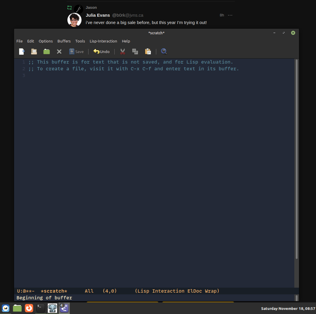 An Emacs frame in the foreground