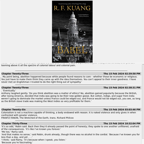 A screenshot of a book in Calbre, showing book notes and highlights as part of its metadata
