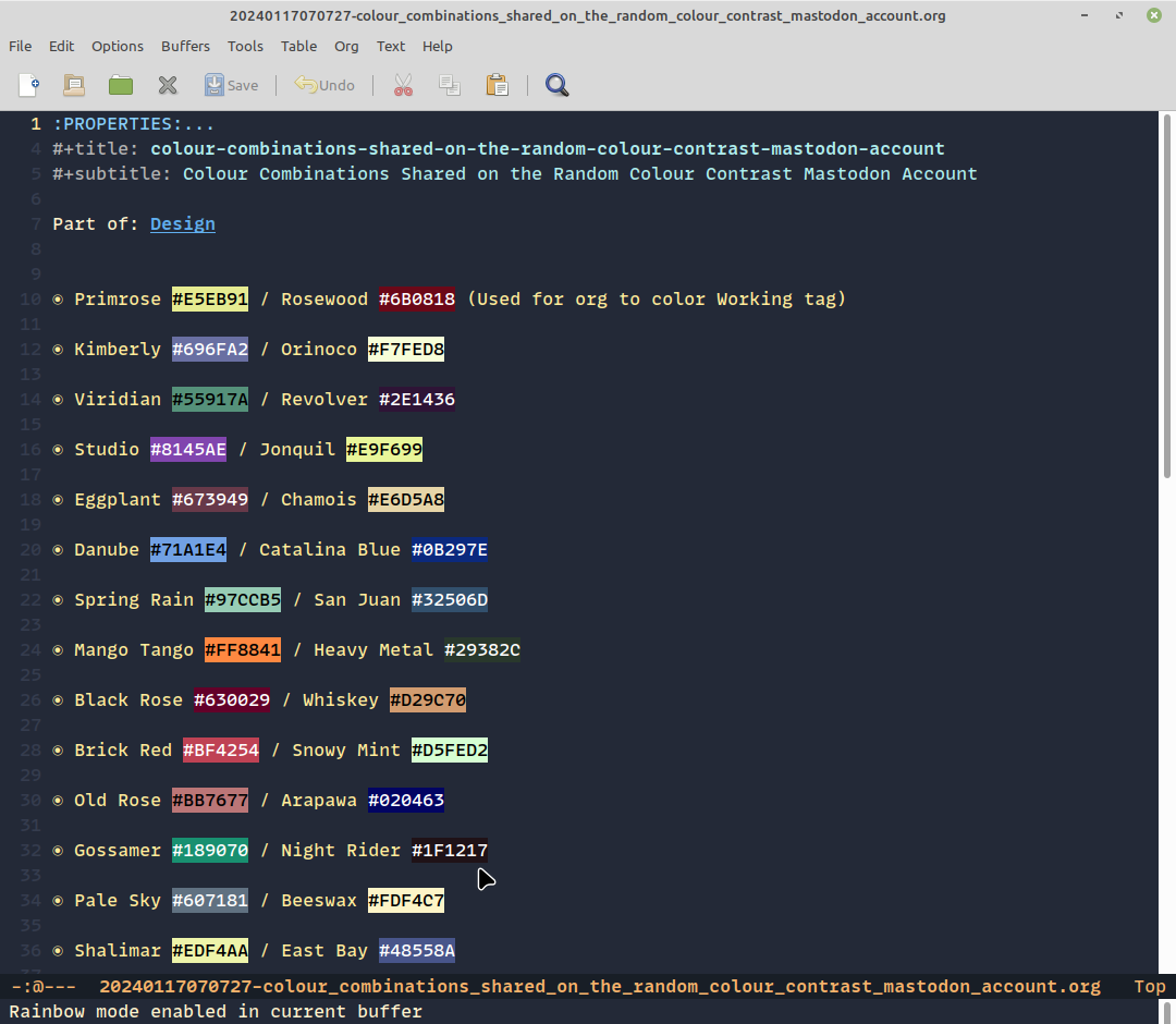 a list of colours with their hex values. hex values are show in the colour they represent