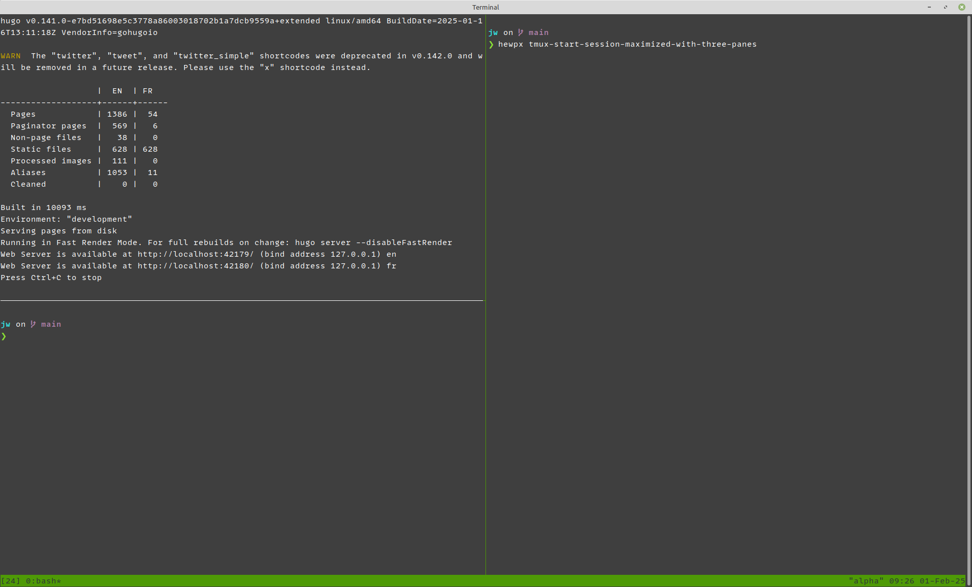 bash terminal showing a tmux window split into three panes
